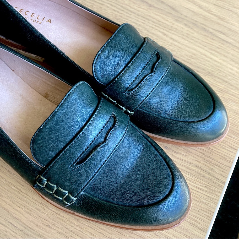 Cecelia New York forest green leather penny loafers with lucite heels